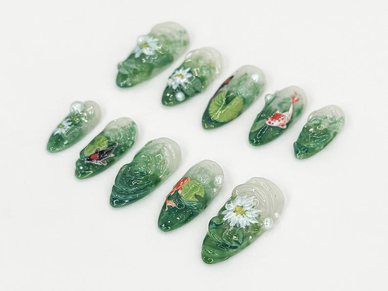 Nature Koi Fish Press On Nails Realistic Pond & Fish Nail Design Natural Landscape Nail Art Custom Hand-Painted Green Nails OB669HC