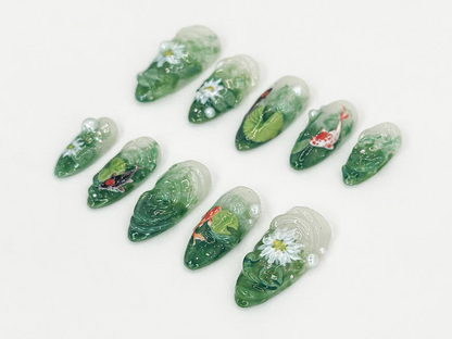 Nature Koi Fish Press On Nails Realistic Pond & Fish Nail Design Natural Landscape Nail Art Custom Hand-Painted Green Nails OB669HC