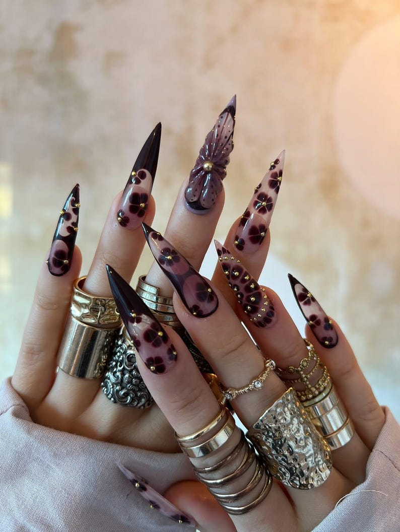 Fall Rose Luxe Press On Nails, Pink & Brown Autumn Glam Nails, 3D Bow and Rose Accents