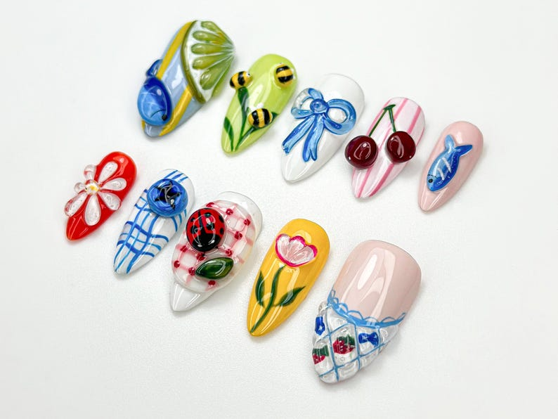 Garden Picnic Summer Press On Nails 3D Cherry, Bee & Flower Nail Art Summer Cottagecore Nails Cute Colorful Press Ons