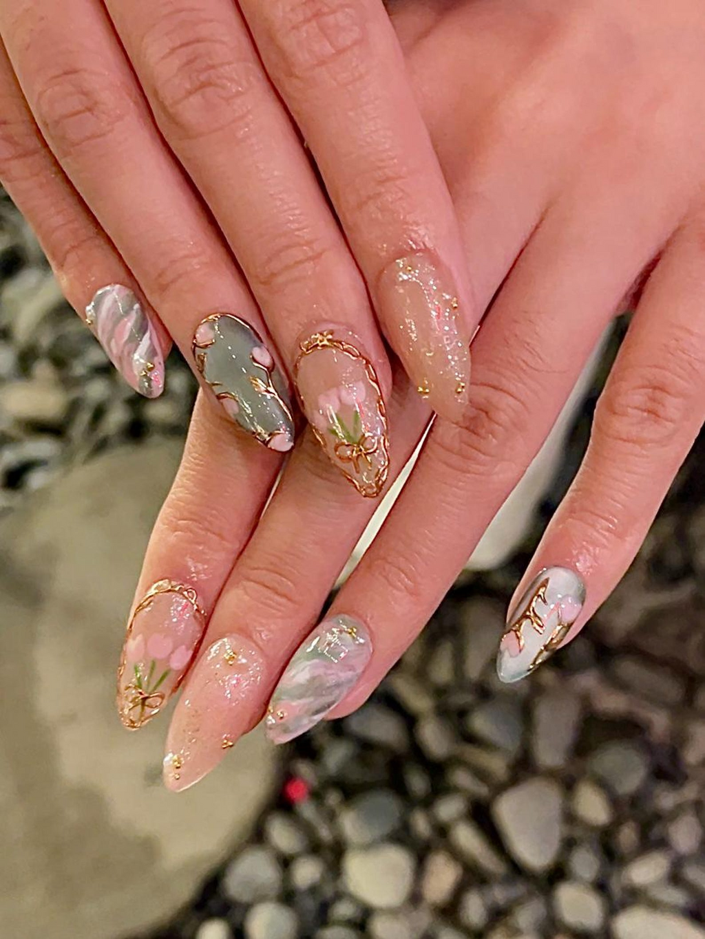 Vintage Tulip Press On Nails, Sage Green and Pink Marble Nails with Gold Rose Frame