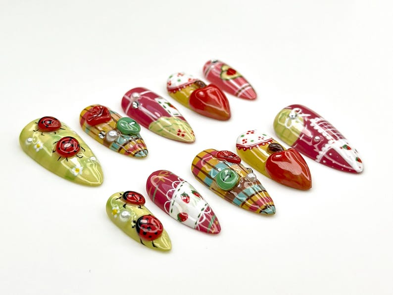 Ladybug, Strawberry Press On Nails Vintage Strawberry Nail Art3D Fruit & Plaid Design NailsSummer Fruit Press OnsCute NailsOB835YK