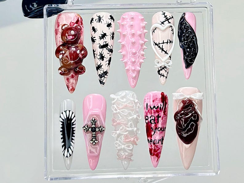 3D Punk Gothic Press On Nails Edgy Pink Fake nails| Kawaii Horror Y2K Nail Art Pink Horror Kawaii Nails 3D Bloody Bear Nails| OB937YC