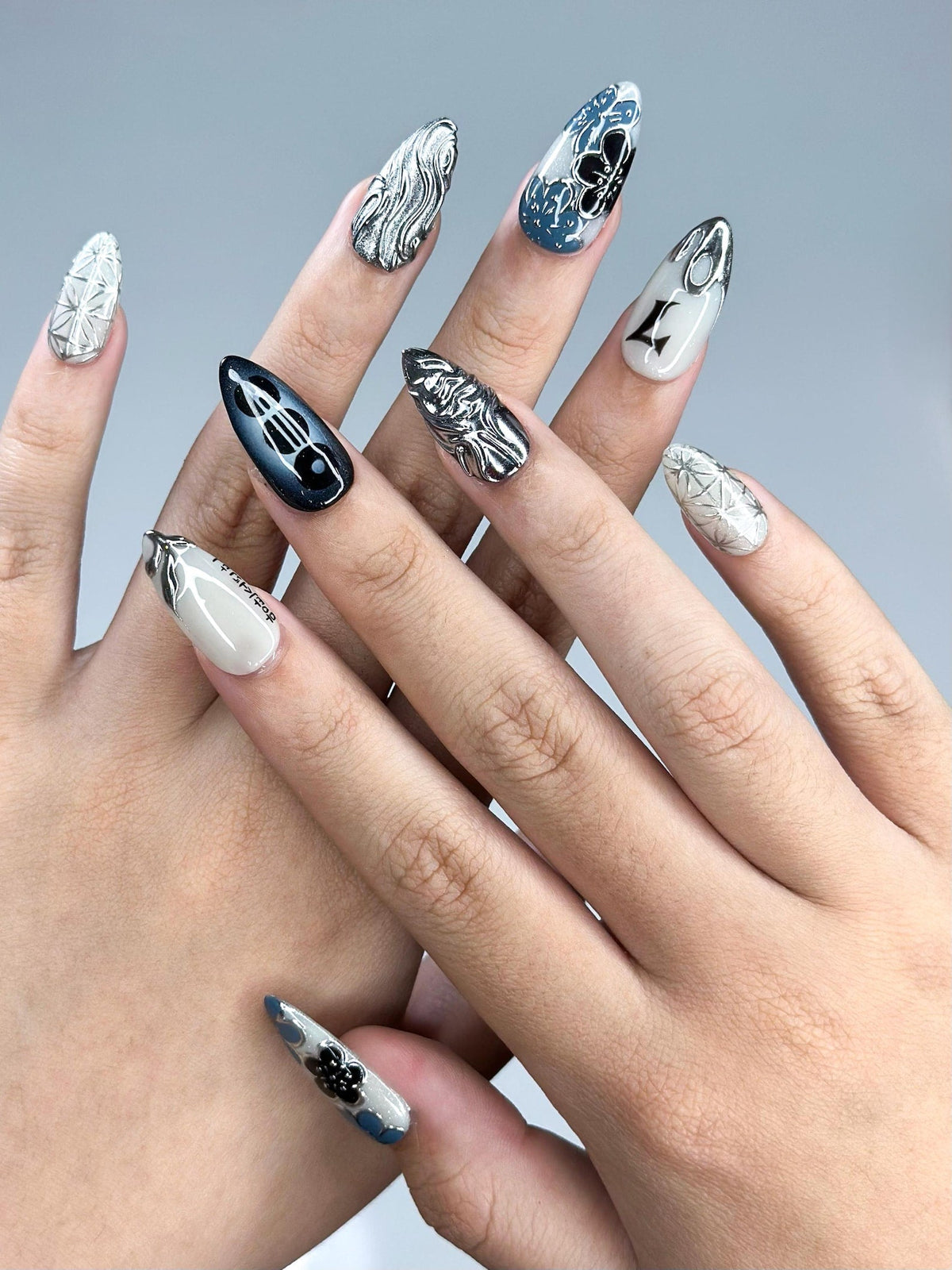 Kpop Inspired Indigo Voyage Nails, 7 Spirit Arirang Silver Shark Nails, Ocean Muse 3D