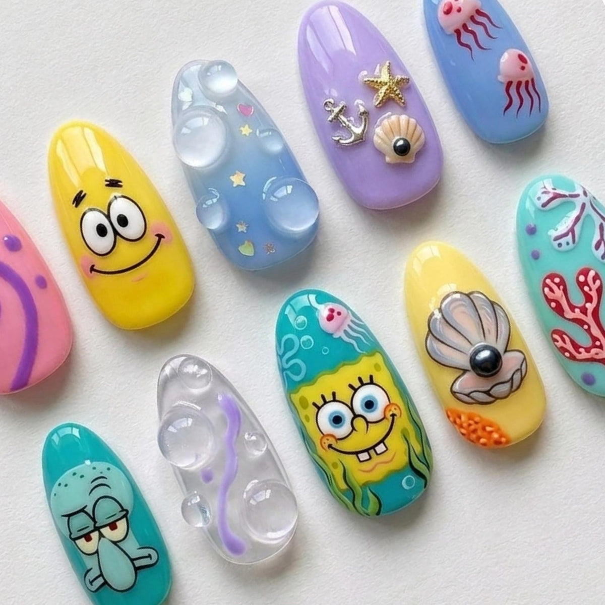 SpongeBob Press On Nails Summer Handpainted Cartoon Patrick Star Squidward Custom Fake