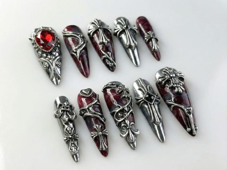 Gothic Blood Cross Press On Nails Dark Red Medieval Nails Silver Armor Nail Art Gothic Cross Statement Nails