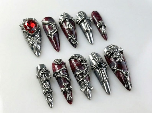 Gothic Blood Cross Press On Nails Dark Red Medieval Nails Silver Armor Nail Art Gothic Cross Statement Nails