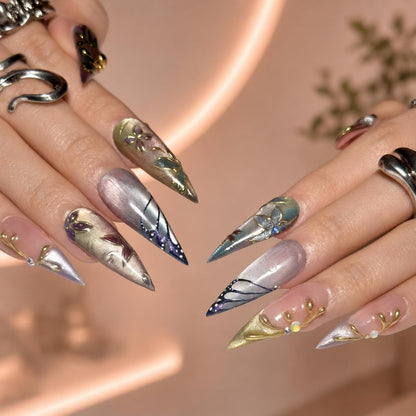 Fairycore Stiletto Press On Nails • Wedding Guest Prom Vibe • 3D Gold Chrome Vine •