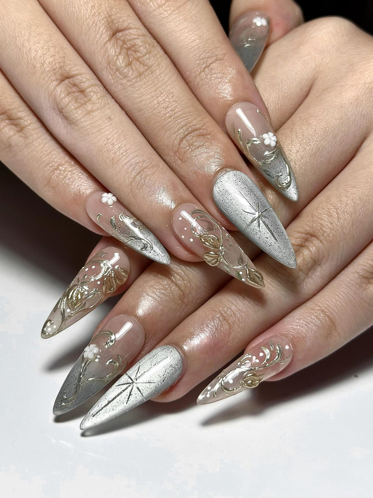 Elegant Gold Floral Cat eyes Nails, Nude Sage Blue Nails, Luxury Minimal Nails, Jasmin