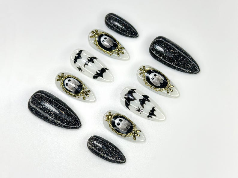Haunted Mirror Ghost Nails, Gothic Halloween Press Ons, Black Glitter & Bat Nail Art