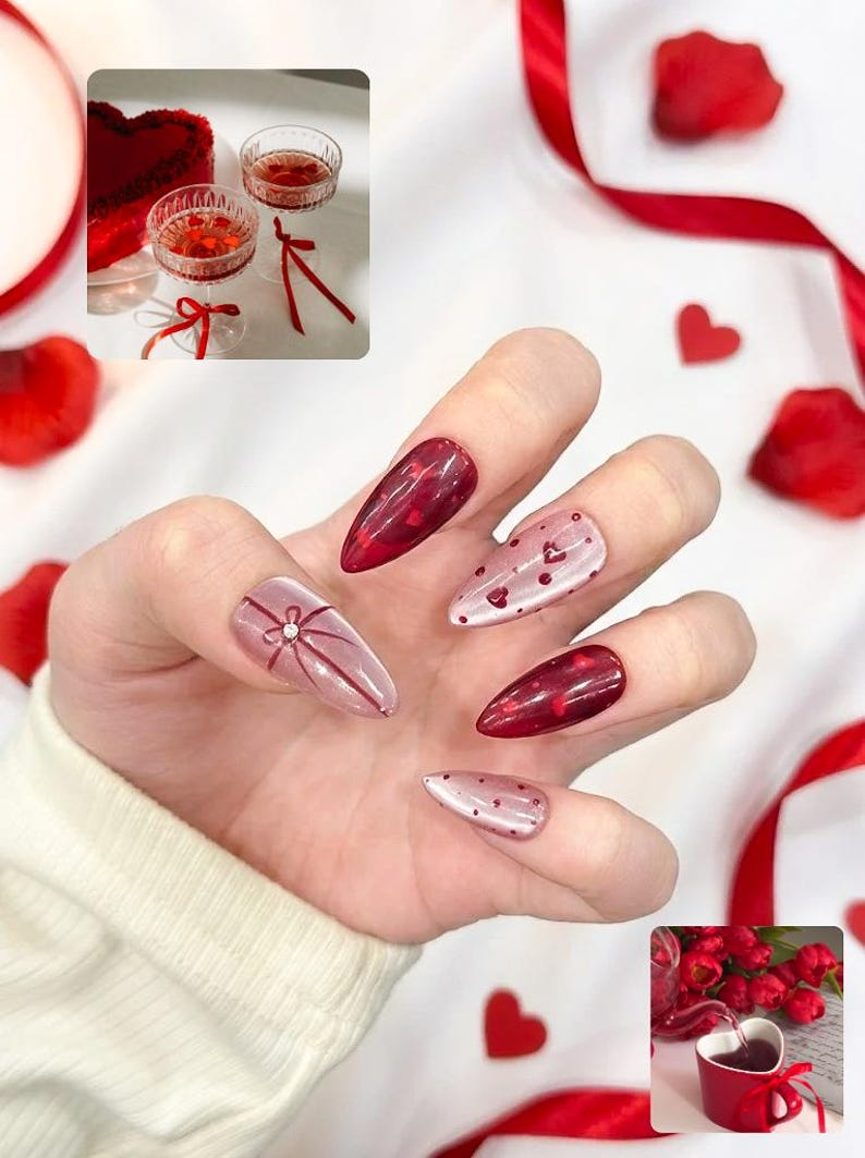 Valentine’s Day Heart Press On Nails Red & Pink Romantic Nail Set Handmade Gift for Girlfriend Elegant Stiletto Fake Nails