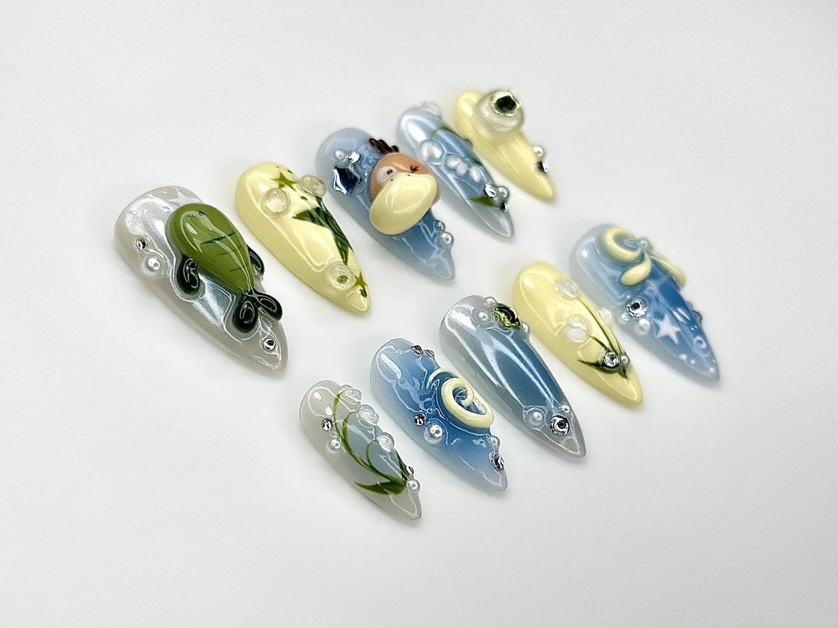 Forest Friends Duckling Press On Nails Cute Turtle & Nature Nail Art Lily of the Valley Nails Green Blue Pastel Nails