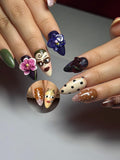 Vintage Doll Face Press On Nails, Abstract Portrait Nail Art, 3D Orchid Nails, Indie