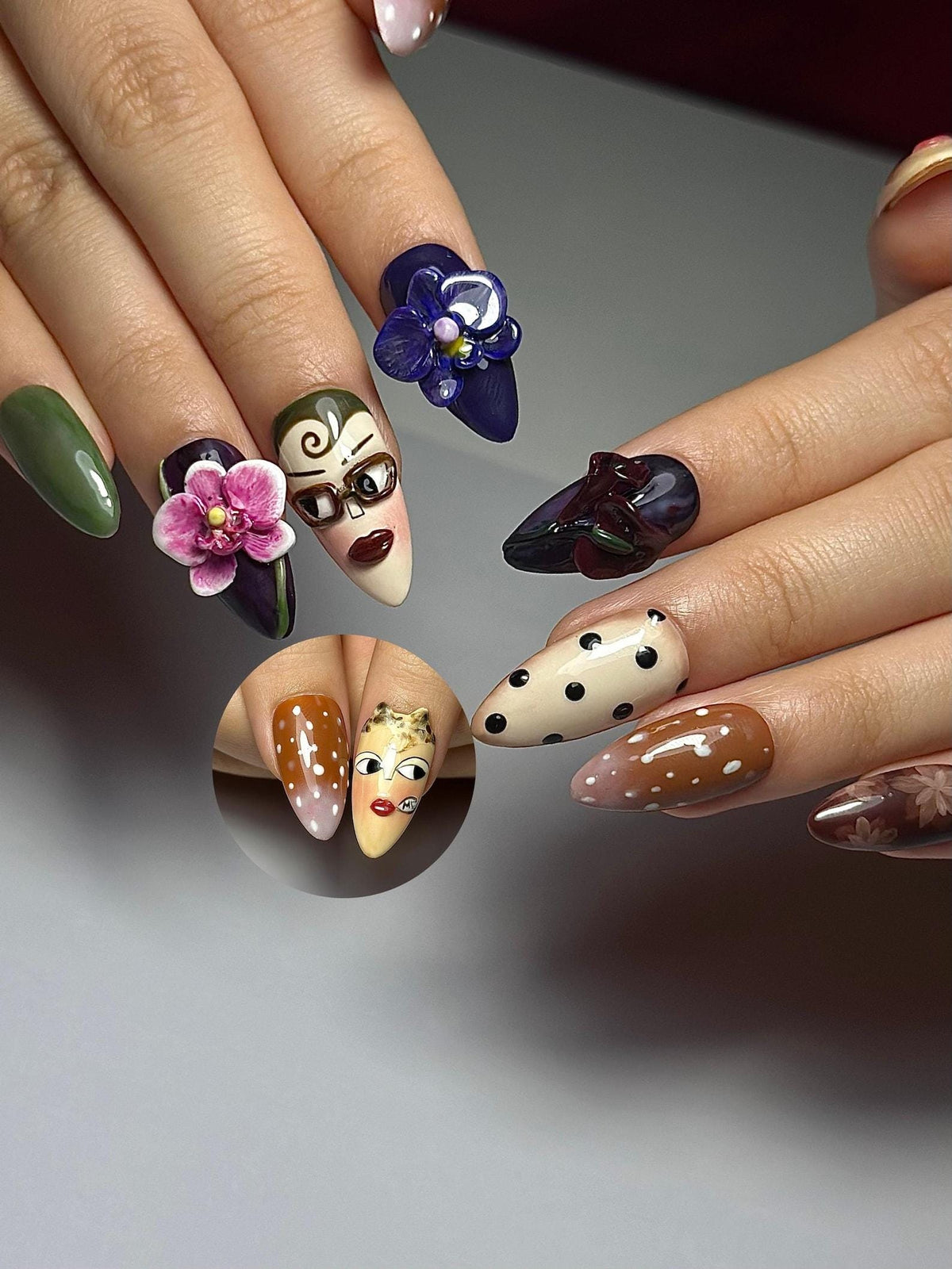 Vintage Doll Face Press On Nails, Abstract Portrait Nail Art, 3D Orchid Nails, Indie