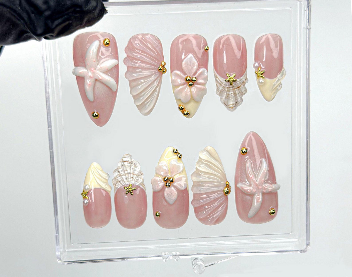 Soft Nude Seashell 3D Press On Nails Starfish, Shell & Floral Nail Art Handmade Pastel Nude Beach Nails