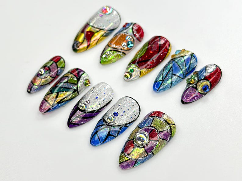 Stained Glass Fantasy Press On Nails Hand-Painted Mosaic Nail Art Sparkly Abstract Rainbow Design Festival Boho Press On Set OC786HC