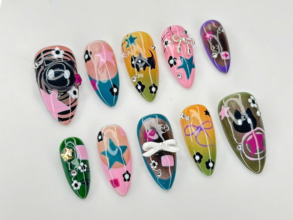 Goth Kawaii Press On Nails Handmade Black Cat & Star Nail Art Long Stiletto Glue On Nails Alternative Aesthetic Gift for Her