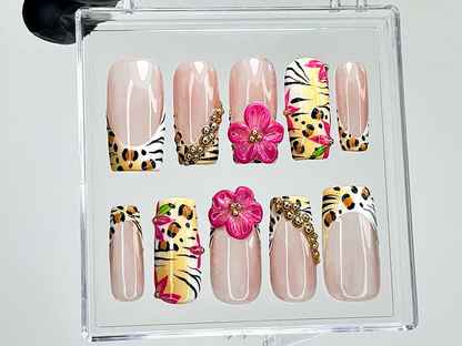 Leopard Floral Press On Nails Pink Flower Cheetah French Tips Nail Art Safari Press Ons Animal Print Fake nails Wild AnimalOB943YK