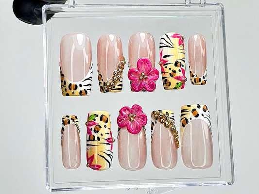 Leopard Floral Press On Nails Pink Flower Cheetah French Tips Nail Art Safari Press Ons Animal Print Fake nails Wild AnimalOB943YK