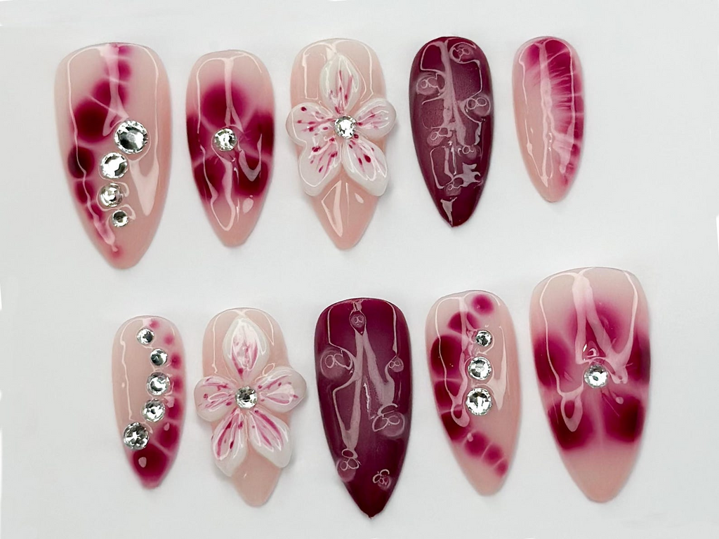 Hand Painted Press On Nails Floral Accent Nails3D Flowers - Rhinestone Accents| Perfect for Special Occasions