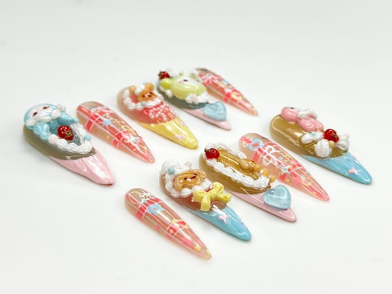 Pastel Fairy Kei Press On Nails 3D Cartoon Bear Bunny Nail Art Harajuku Kawaii Fake Nails Cute 3D Kawaii Nails cute cute nails