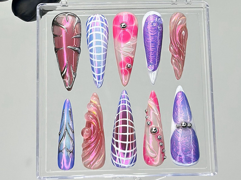 Galaxy Chrome Press On Nails Holographic Purple Fake Nails Metallic Stiletto Nail Art Iridescent Galaxy Nails Gothic Nails OB915YK