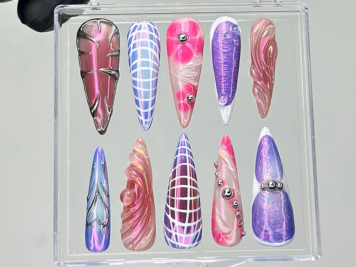 Galaxy Chrome Press On Nails Holographic Purple Fake Nails Metallic Stiletto Nail Art Iridescent Galaxy Nails Gothic Nails OB915YK