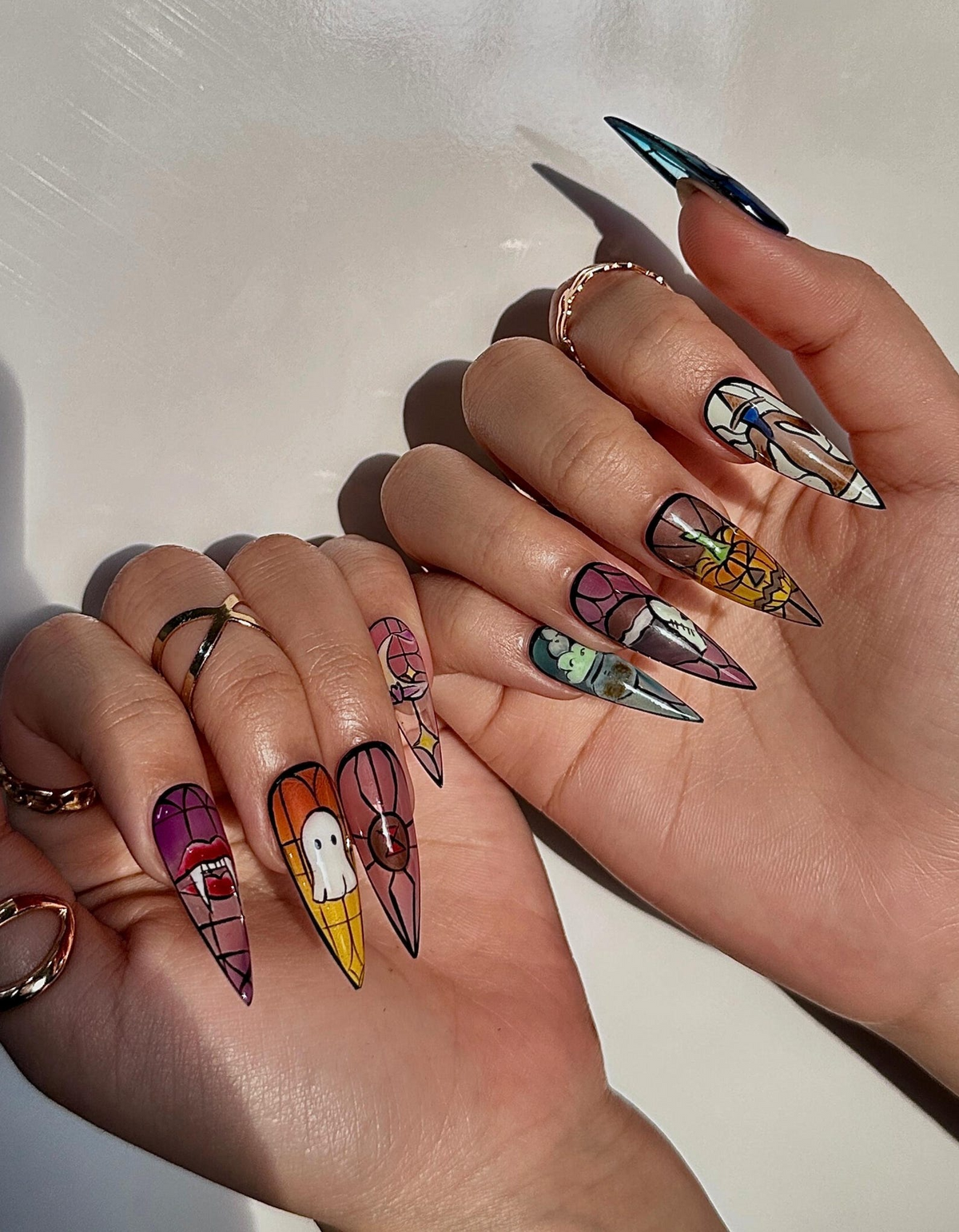 Stained Glass Halloween Press On Nails Ghost Pumpkin Bat Nail Art Colorful Spooky Nail Design Handpainted Halloween Nails