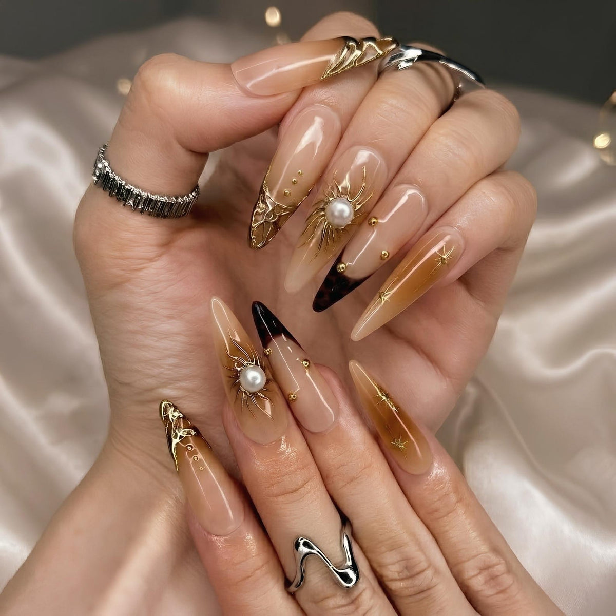 Gold Sun Pearl Press On Nails, Shiny Jelly Brown Nails, Luxury Gold Swirl Art, Bold