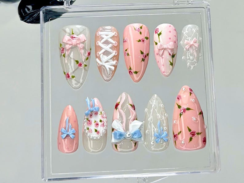 Balletcore Rose Press On Nails Floral Lace Fake nails| Vintage Rose Nail Art Feminine Handmade Kawaii Nails Luxury Nails OB940YC