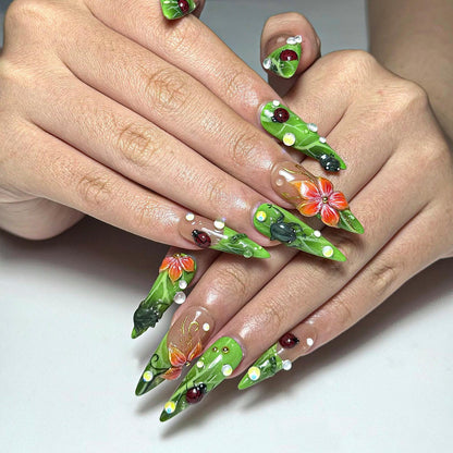 Green Floral Press On Nails with Ladybug and Pearl 3D Nature Nails in Long Almond Handmade