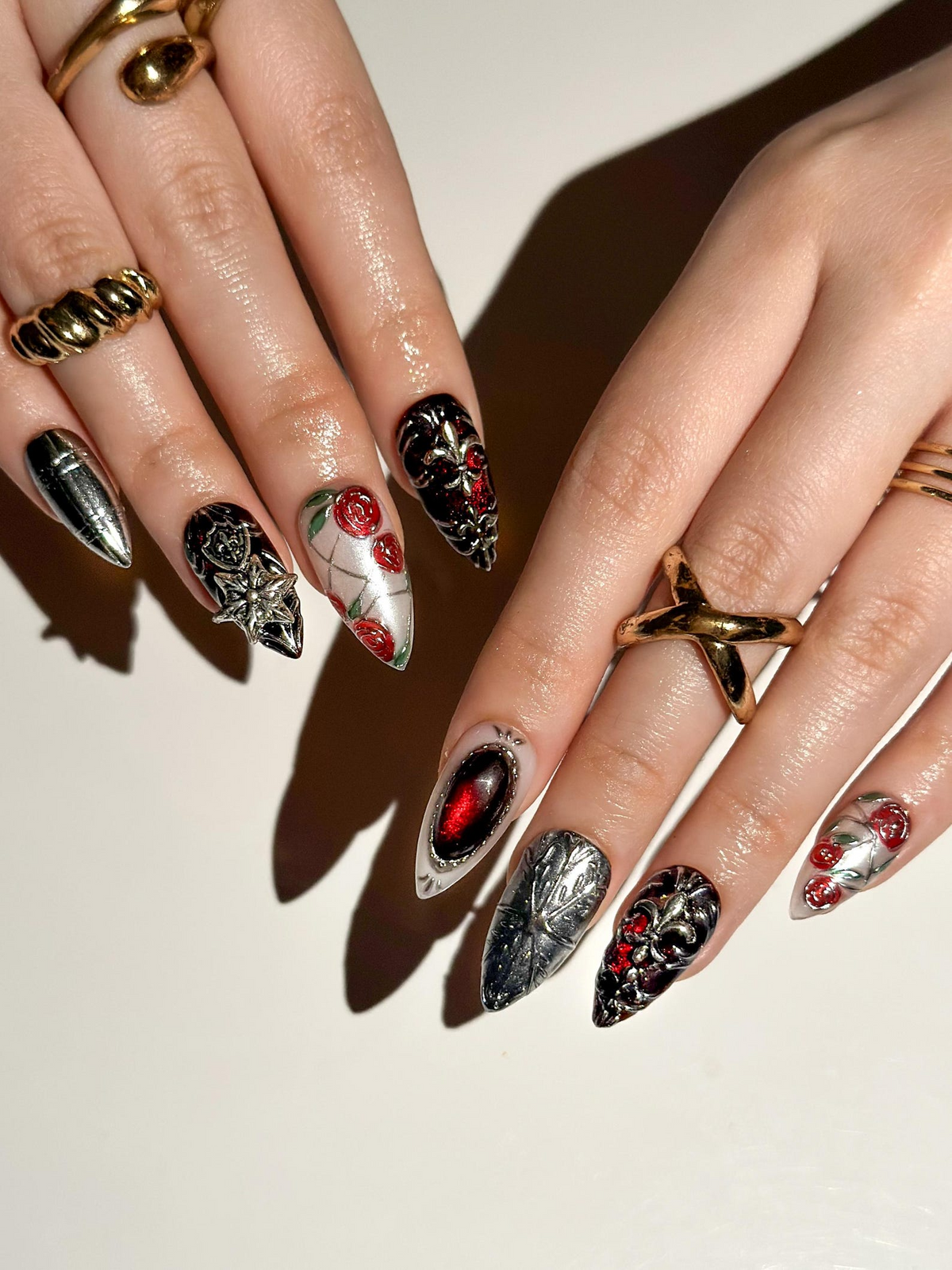 Gothic Rose Black Press On Nails Dark Red Black Luxury Nail Art Baroque Armor Stiletto