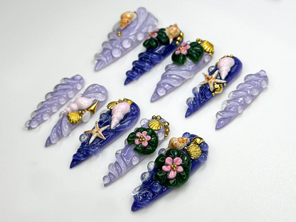 Mermaid Shell Spiral Press On Nails Ocean-Inspired 3D Nail Art Seashell Starfish Lilac Nails Fairycore Beach Nail Set OB861H