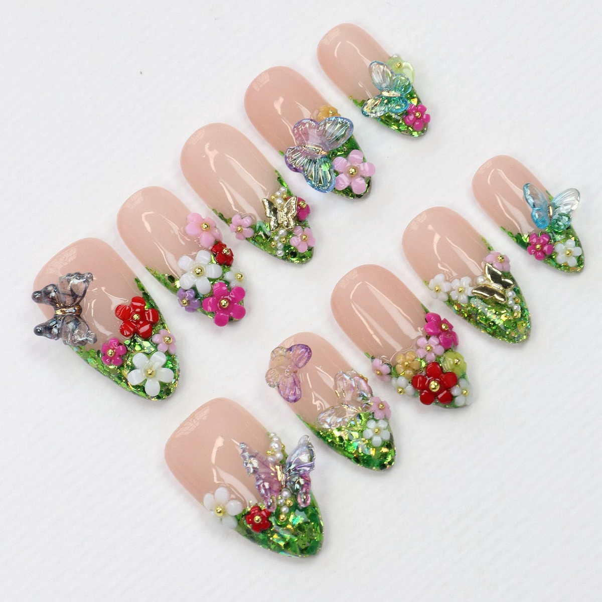 Green Glitter Press On Nails, Handcrafted Freestyle Forest-Inspired Secret Garden Nails
