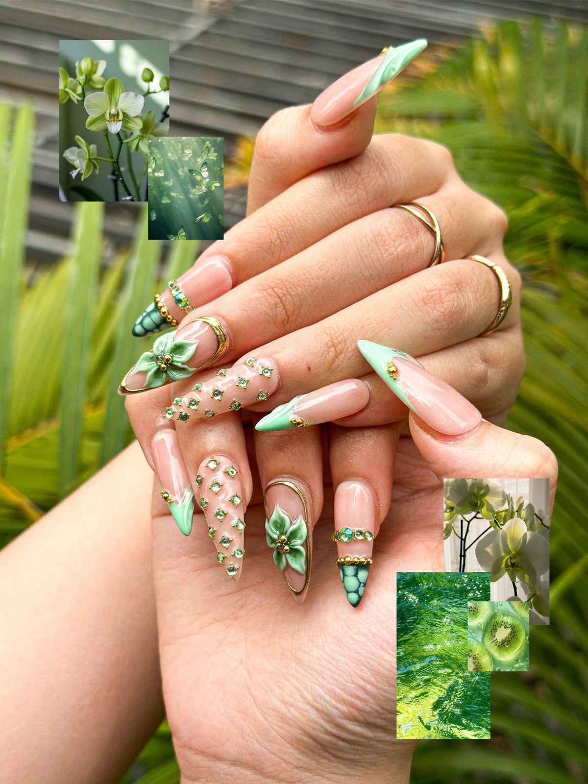 Jade Green Press On Nails with 3D Flower and Gold Detail, Elegant Floral Nails in Almond