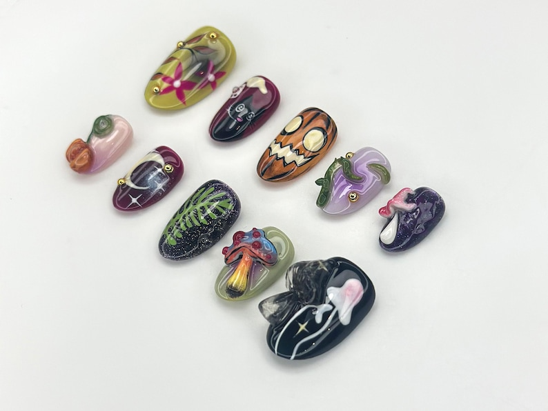 Fantasy Forest Halloween Nails Pumpkin & Black Cat Press Ons 3D Mushroom Nail Art Magical Spooky Handmade Nails