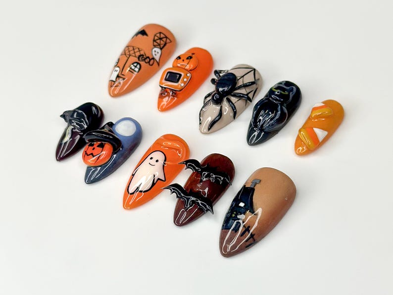 Haunted Night Press On Nails, Halloween Ghost Bat & Spider Nails, Pumpkin Candy Corn