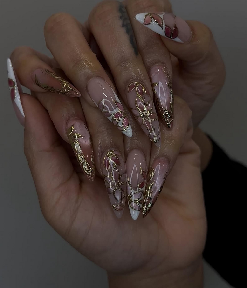 Elegant Pink Press On Nails Blush Floral Nail Art 3D Gold Vine Nails Romantic Wedding Nails Handmade Luxury Press Ons| OC842H