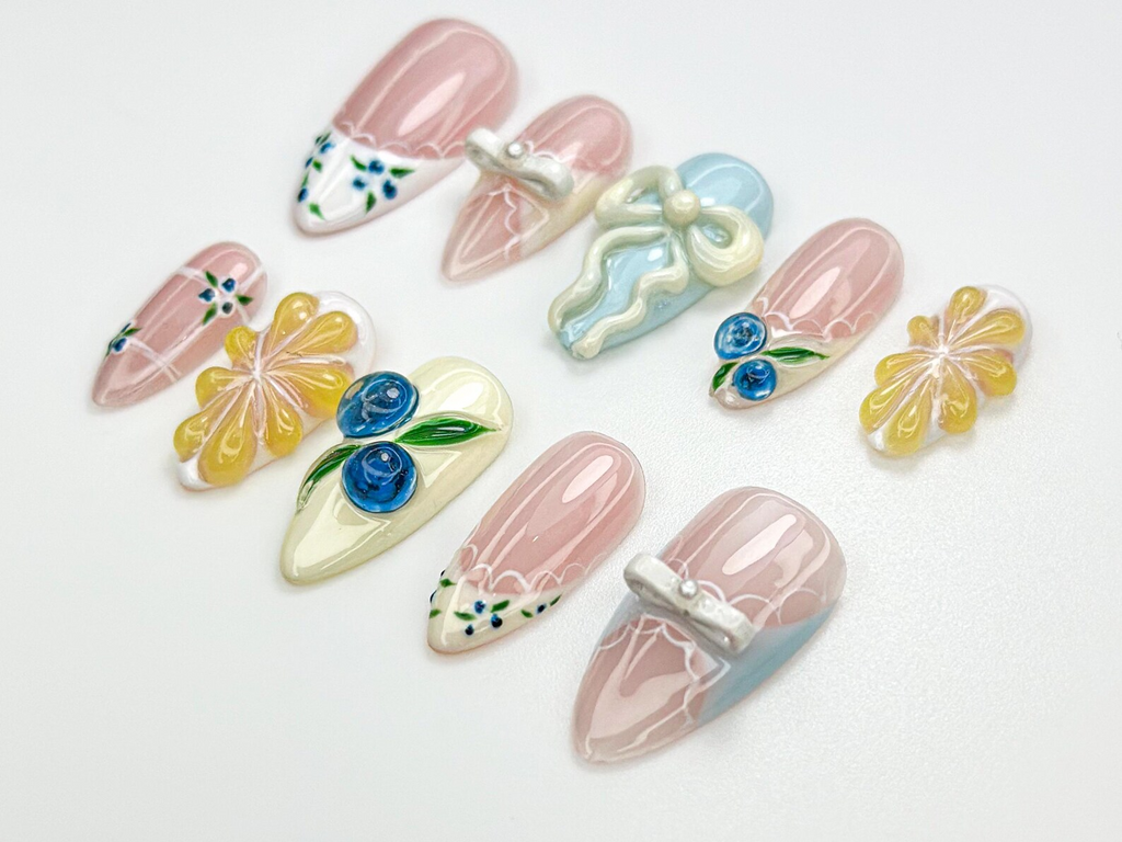 Lace French Tip Press On Nails Blueberry Floral Nails Kawaii Vintage Ribbon Nail Art 3D Bow Pink Press Ons Pastel Nails