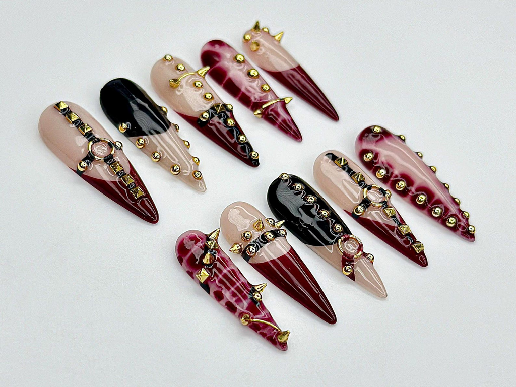Handmade Gothic Press On Nails Spiked, Studded Red & Black Nails Punk Rock Statement Nail Art