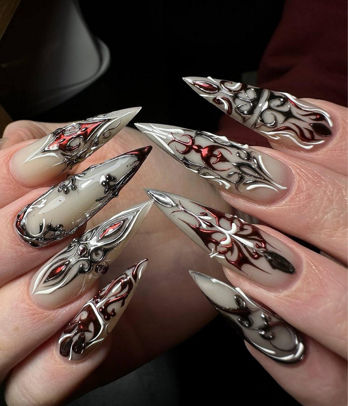 Red Silver Gothic Press On Nails 3D Gothic Warrior Nail Art Handmade Red Silver Metallic Nails Dark Fantasy Armor Tips OB803HK