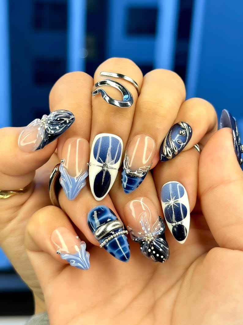 Winter Midnight Spark Press On Nails Blue Chrome Nail Art Silver Star 3D Nails Elegant Winter Press Ons