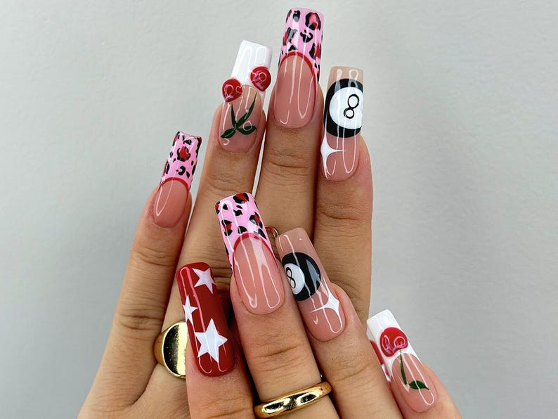 Retro Cherry Leopard Press On Nails 8 Ball & Red Star Nail Art Pink Leopard Print Nails Handmade Pop Art Nail Set
