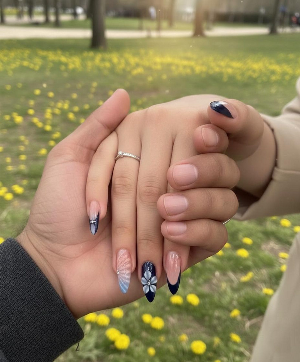 Midnight Blossom Spring Press On Nails Navy Floral Ombré Nail Art Luxury Floral Blue Nails Set Elegant Blush Ombre Nails