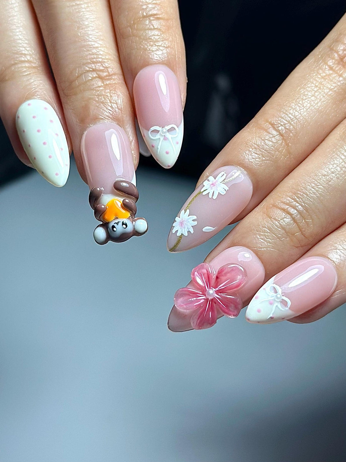 Soft Pink Mokey Press On Nails Cute Bow & Daisy Nail Art Kawaii Nails Elegant Spring
