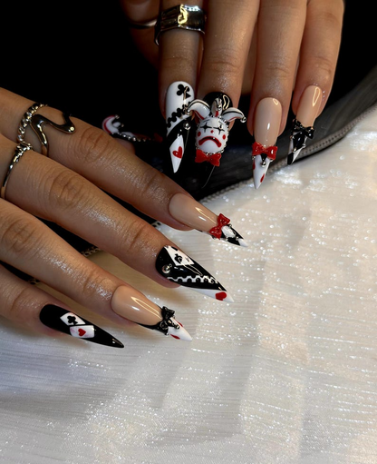 Harlequin Joker Halloween Press On Nails Black White Red Gothic Nail Art 3D Clown Accent Stiletto Nails Playing Card Inspired