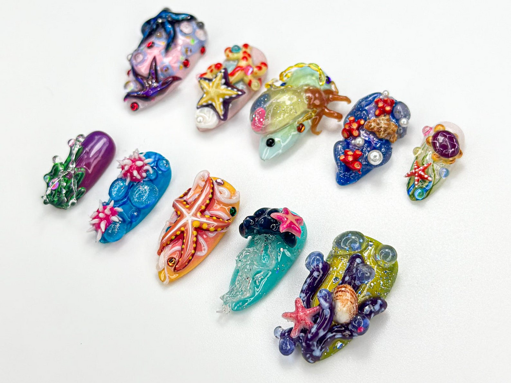 3D Starfish Coral Press On Nails Deep Sea Ocean Press Ons Mermaid Jellyfish Underwater Nail Art| Handcrafted Summer Beach Nail