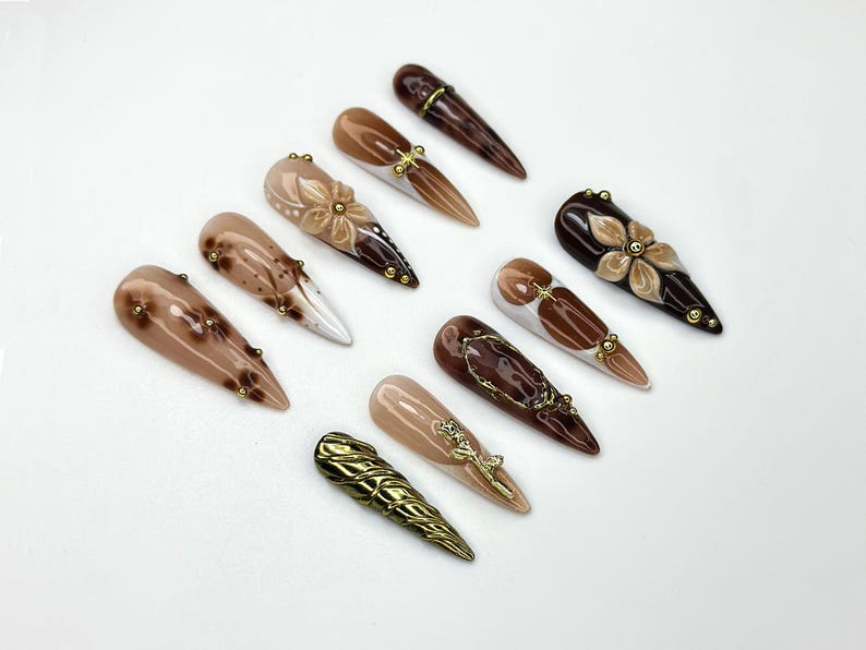 Autumn Brown Gold Press On Nails 3D Floral Nail Art Fall Inspired Nail Set Handmade Neutral Nails Elegant Long Press Ons