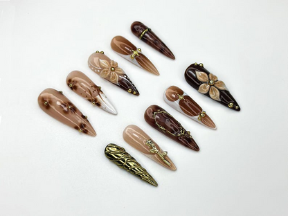 Autumn Brown Gold Press On Nails 3D Floral Nail Art Fall Inspired Nail Set Handmade Neutral Nails Elegant Long Press Ons