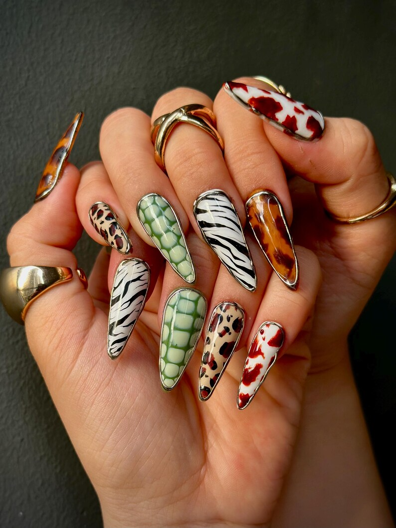 Luxe Leopard Press On Nails Zebra, Leopard & Croc Nail Art Handmade Safari-Inspired Press Ons Mixed Animal Print Nails